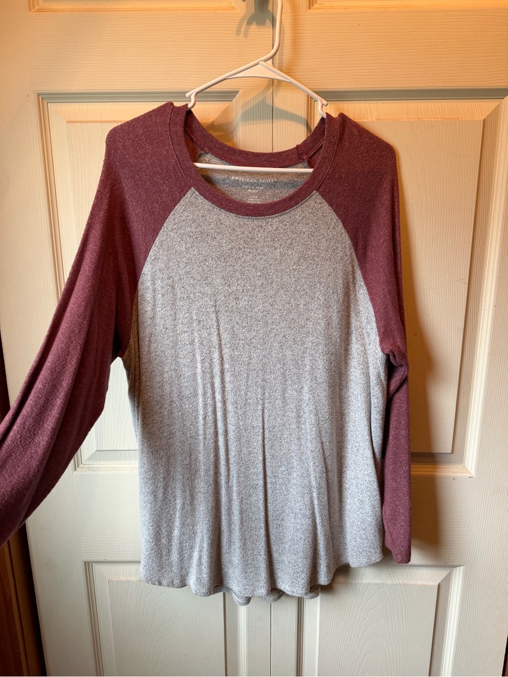 American Eagle Outfitters Two-Tone Raglan Long Sleeve Top — Gray and Burgundy